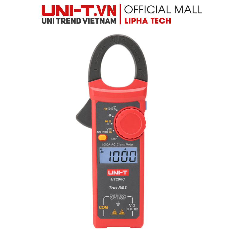 Ampe kìm điện tử UNI-T UT206C (AC 1000A, 600V, TrueRMS, VFD) chính hãng Ampe kìm điện tử UNI-T UT206C (AC 1000A, 600V, TrueRMS, VFD) chính hãng