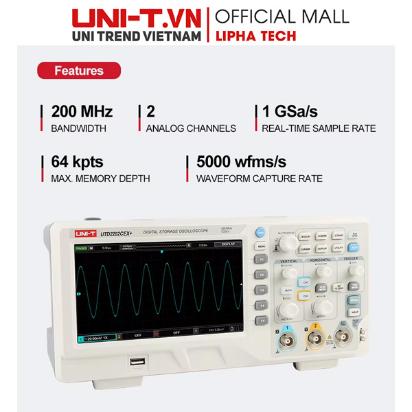Máy hiện sóng số UNI-T UTD2202CEX+ (200 MHz, 1 GSa/s, 2CH) Uni-Trend Digital Storage Oscilloscope Chính Hãng phân phối COCQ Máy hiện sóng số UNI-T UTD2202CEX+ (200 MHz, 1 GSa/s, 2CH) Uni-Trend Digital Storage Oscilloscope Chính Hãng phân phối COCQ